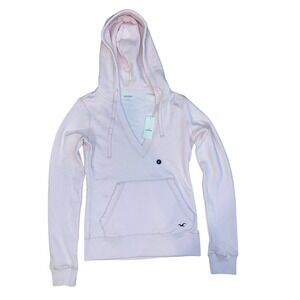 Hollister Womens V-Neck Hoodie Light Pink Fleece Pullover Seagull Logo Small NWT